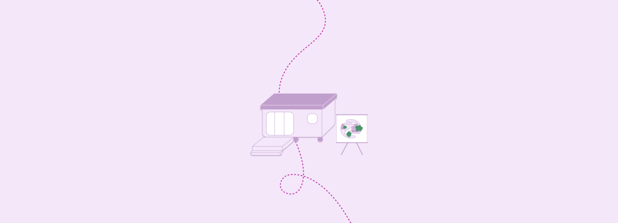 Illustration eines mobilen Partizipationslabor neben dem ein Plakataufsteller mit dem Projektlogo steht. Im Hintergrund ist eine gebogene Linie.